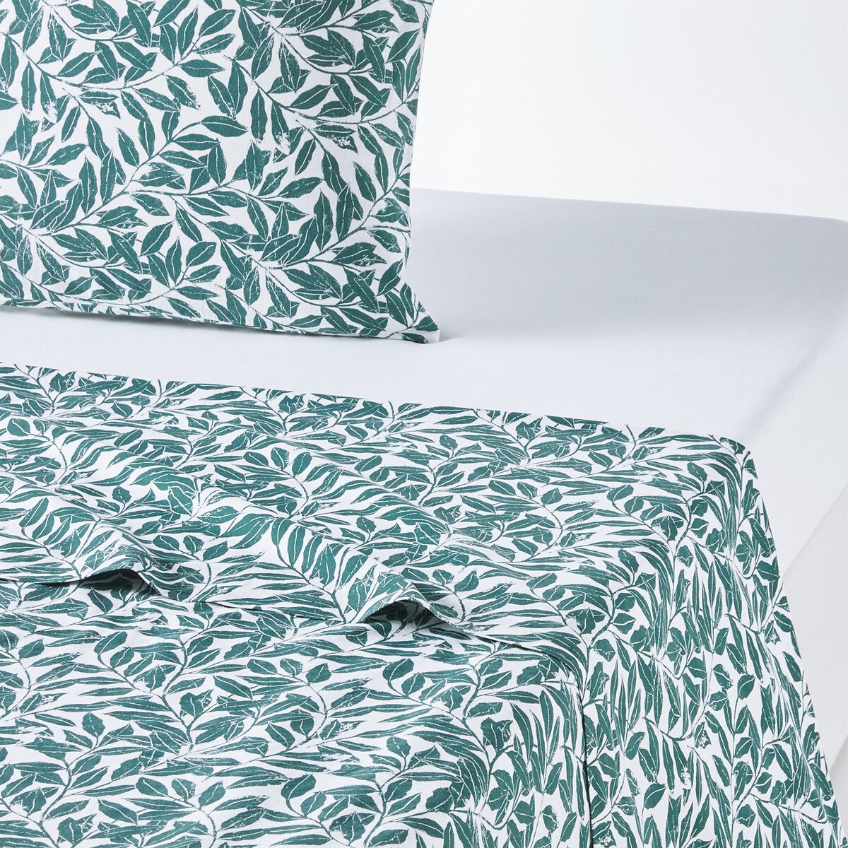 Drap plat coton lavé, Feuillage - Imprimé vert/blanc - 180 x 290 cm - 2