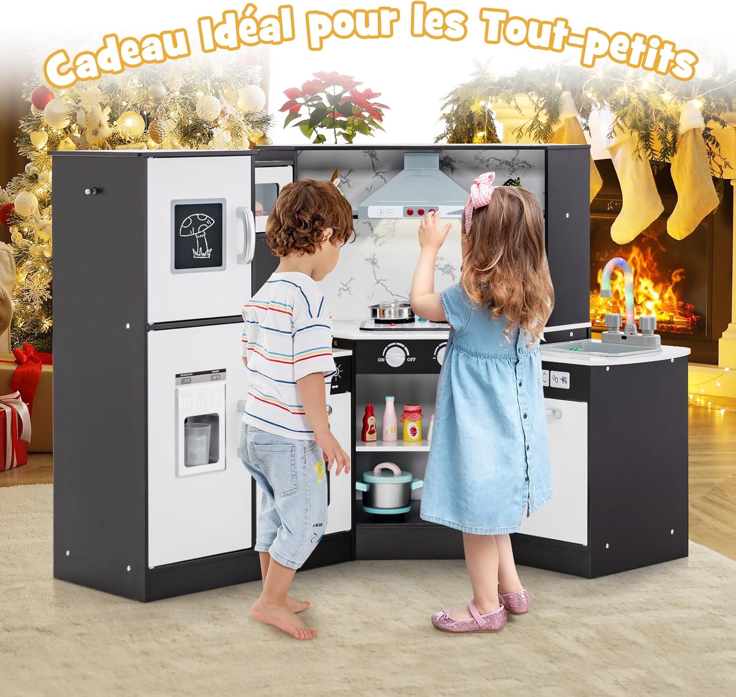 Cuisine Enfant, Cuisine d’Angle avec Tableau Noir, Hotte, Jouet de Cuisine en Bois avec Effets Lumineux et Sonores, Cadeau pour Enfant 3+ Ans (Café) - 2