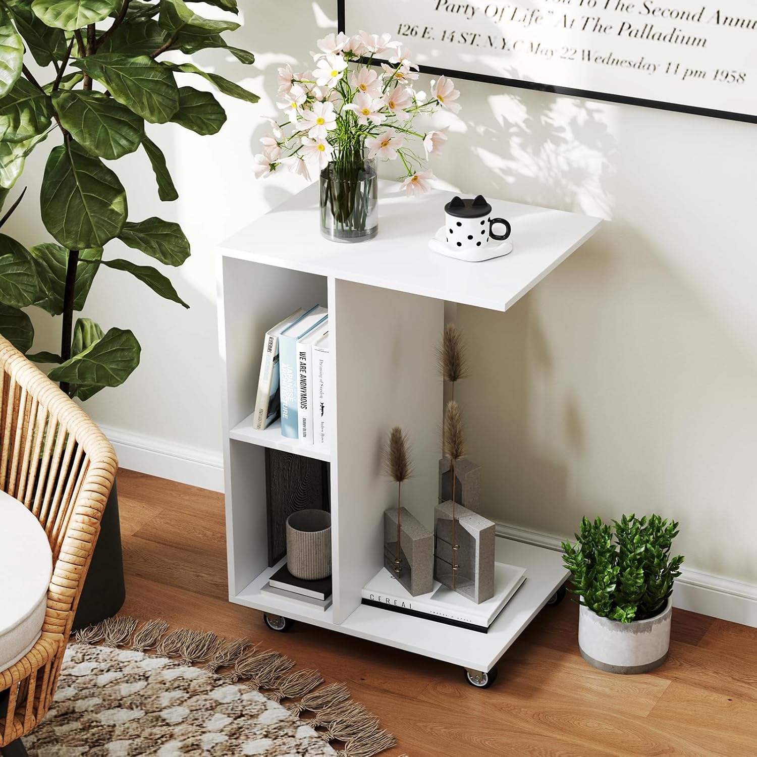 Tavolino a Forma di C con Ruote, Tavolino Laterale da Divano con 2 Cubi di Stocaggio, Tavolino da Caffè Salvaspazio, per Camera da Letto, Sogg - 2