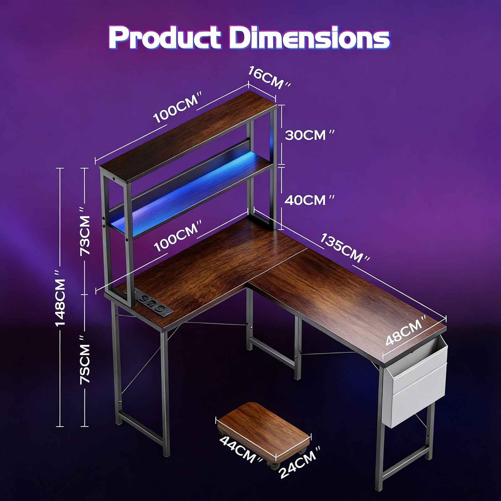 Bureau Gaming L-Forme 148cm avec LED, 3 Prises AC + 2 Ports USB, Étagères à Double Niveau, Réversible - 2