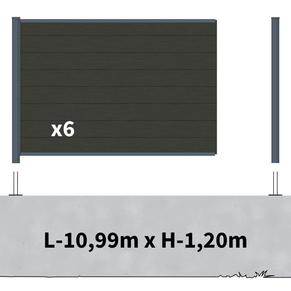 Kit Clôture Composite sur Muret RIO Anthracite 11x1,2m - Bois composite & Aluminium - Poteaux sur Platines Gris - Brise vue - 2