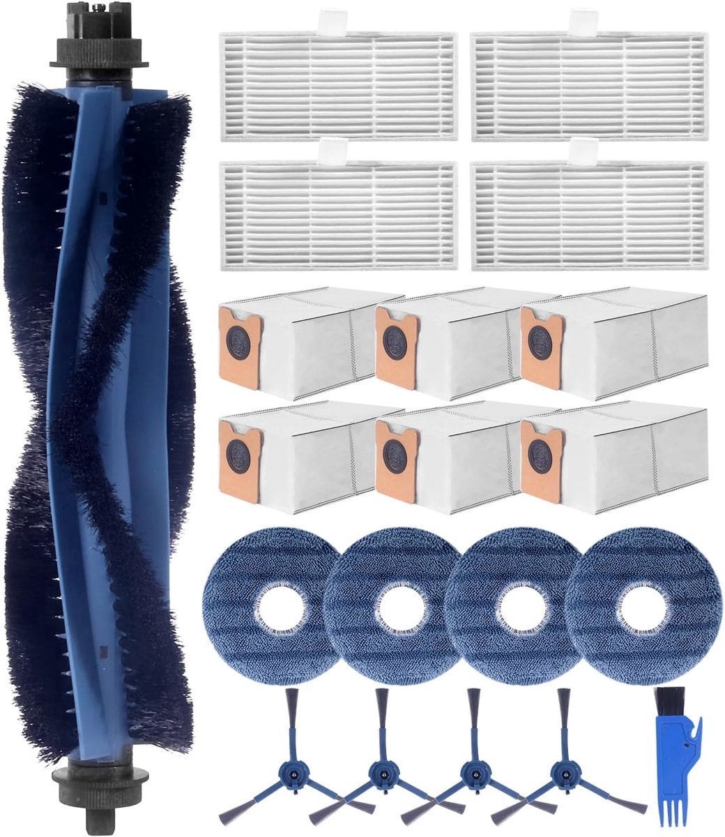 Set de accesorii cu 20 de piese compatibil cu Eufy Omni C20: 1 perie principală, 4 filtre, 4 perii laterale, 4 lavete, 6 saci de praf...