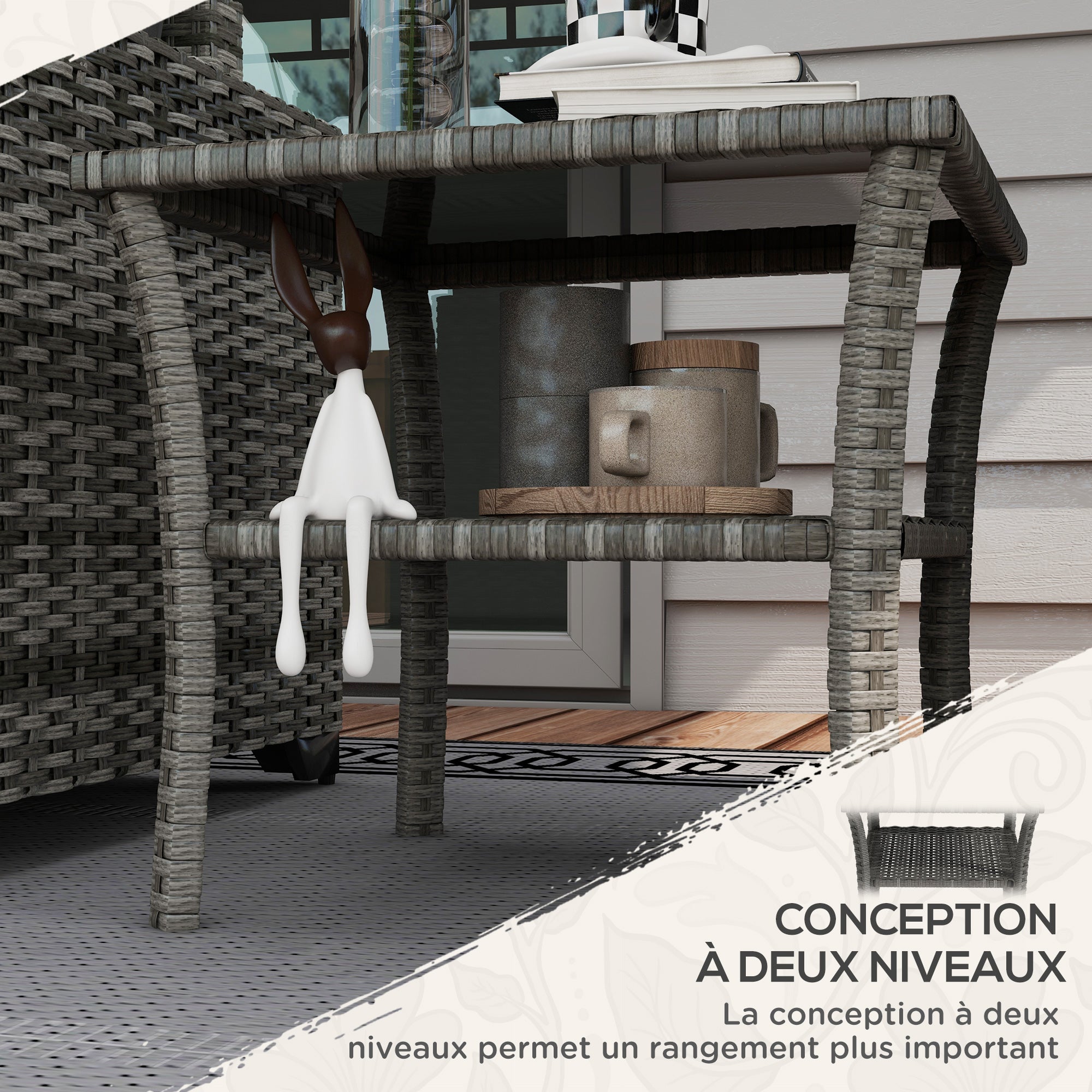 Table basse de jardin carré en Résine tressée Gris 4 places - 5