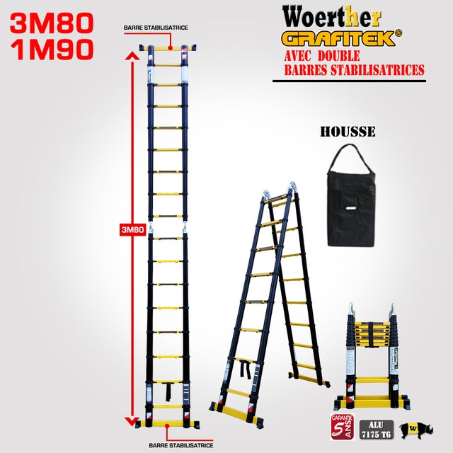 Echelle-escabeau Télescopique 3m80/1m90 Woerther Grafitek 2 Barres Stabilisatrices Avec Housse