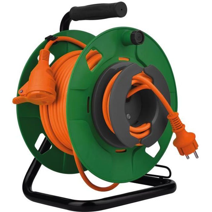 Enrouleur jardin IP44 35m prise 16A 2P+T et coupe circuit - Vert/orange - Zenitech - 2