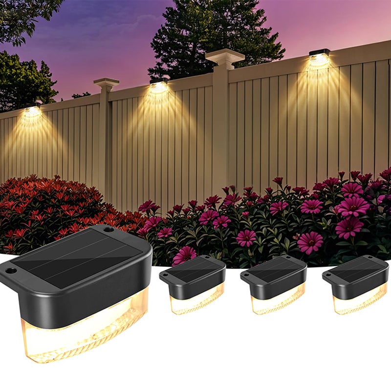 Zestaw 4 lamp solarnych zewnętrznych do ogrodzenia, lampy solarne LED na taras, oświetlenie schodów, ciepłe światło