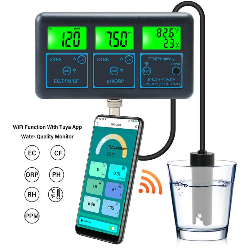 WiFi 7in1 de qualité de l'eau d'eau multi-paramètres numérique PH, ORP, EC, PPM, CF, Humidité, Température de surveillance pour eau potable - 2