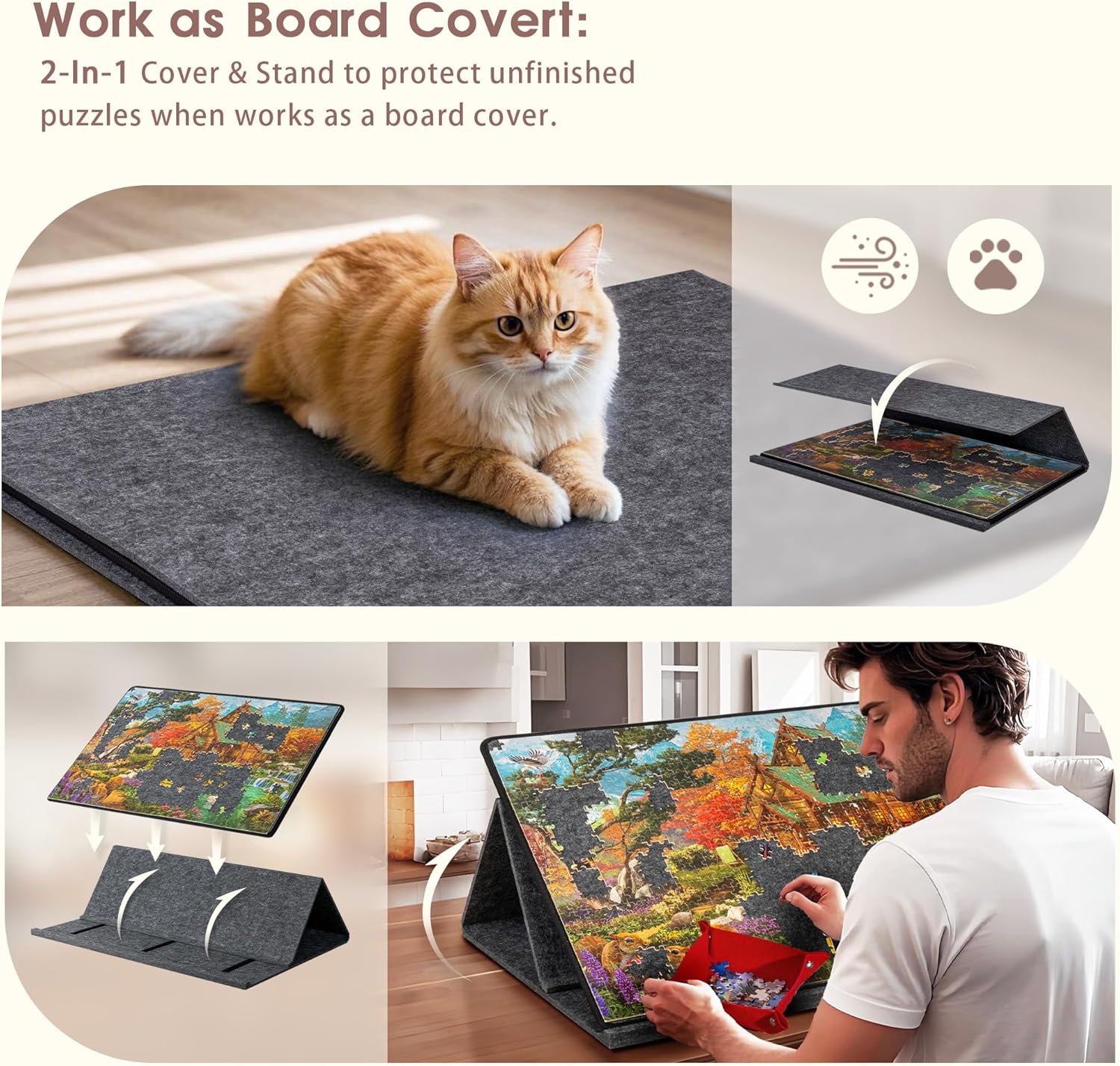 Plateau de puzzle portable en feutre de 1000 pièces avec 6 plateaux de tri de couleurs,plateau inclinable, support et couvercle 2 en 1,angle réglable - 3