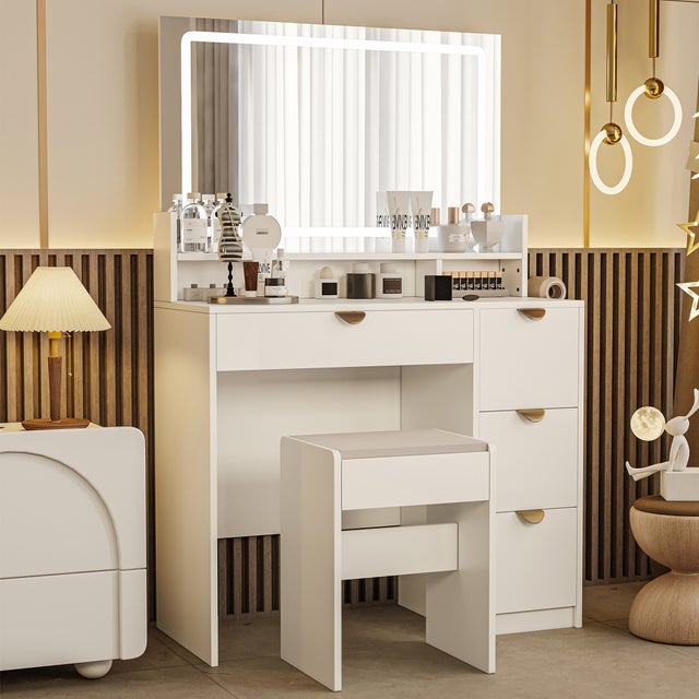 Coiffeuse avec miroir et chaise, éclairage et prises USB, 3 étagères ouvertes et 4 tiroirs, pour chambre à coucher, blanc, 140 x 90 x 40 cm