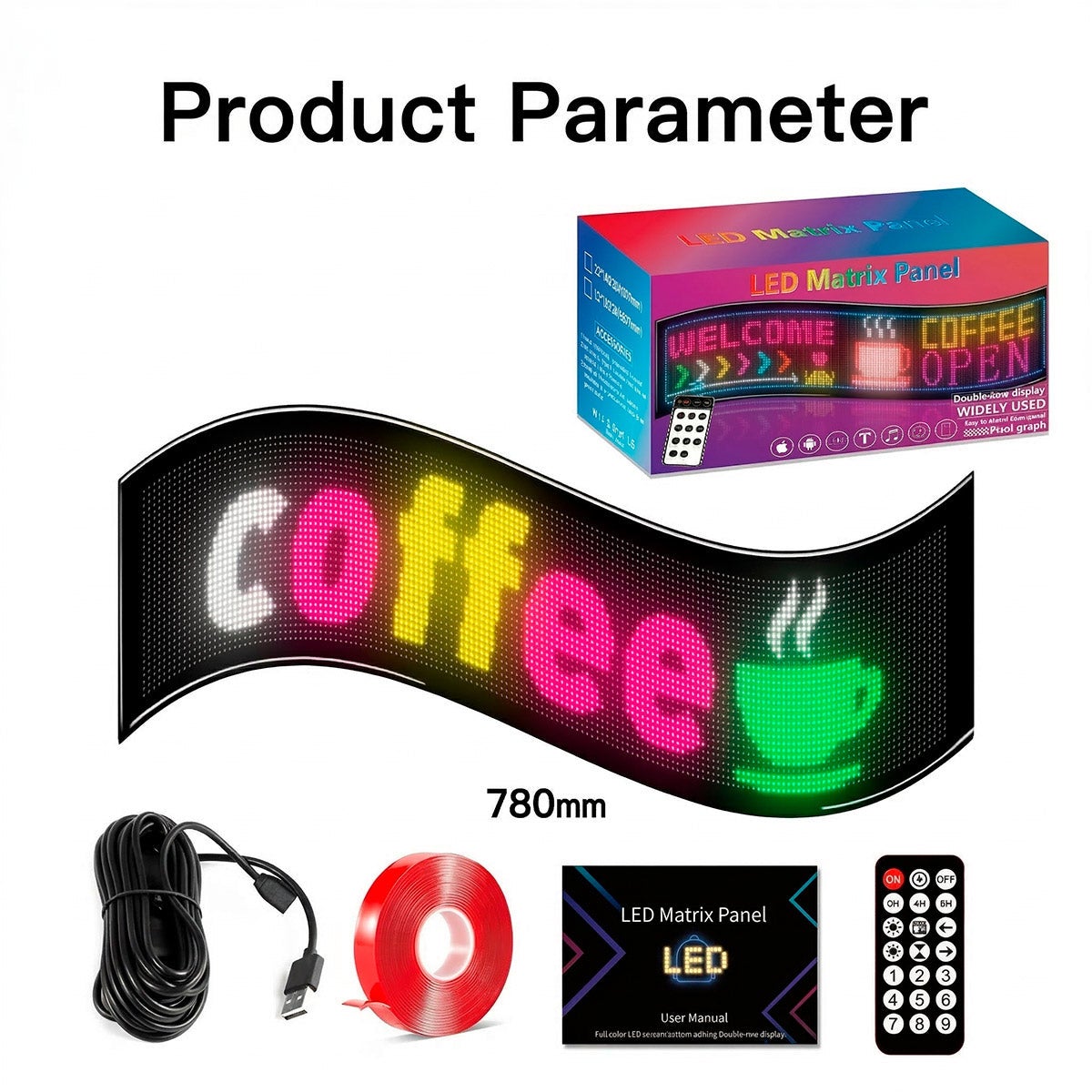 Display LED flexible programable - 78 x 20 cm - USB + Bluetooth + mando ...