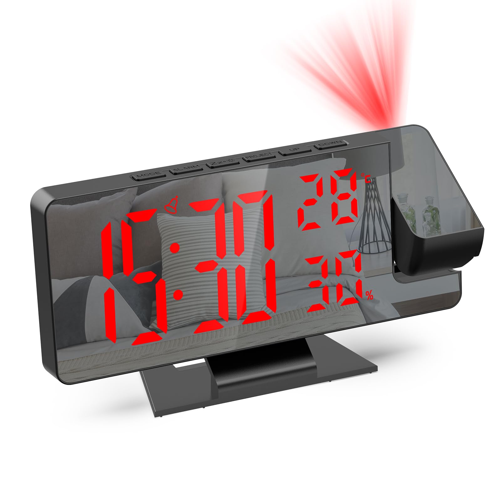 Budzik z projekcją, cyfrowy budzik z temperaturą i wilgotnością, zegar LED, elektroniczny zegar stołowy, regulowana jasność, wyświetlanie 12/24H