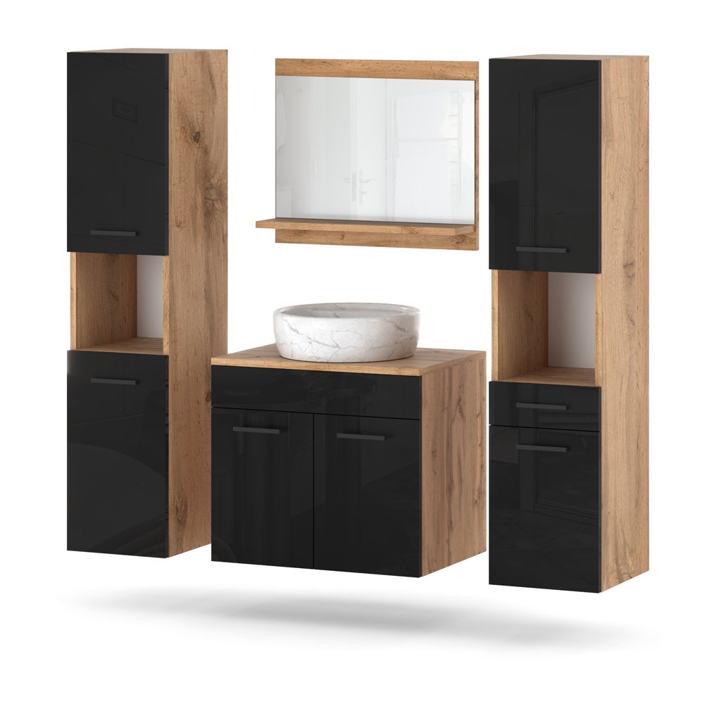 Meble łazienkowe szafka pod umywalkę z lustrem słupek wotan czarny połysk