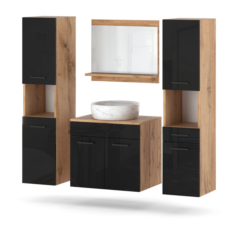 Meble łazienkowe szafka pod umywalkę z lustrem słupek wotan czarny połysk