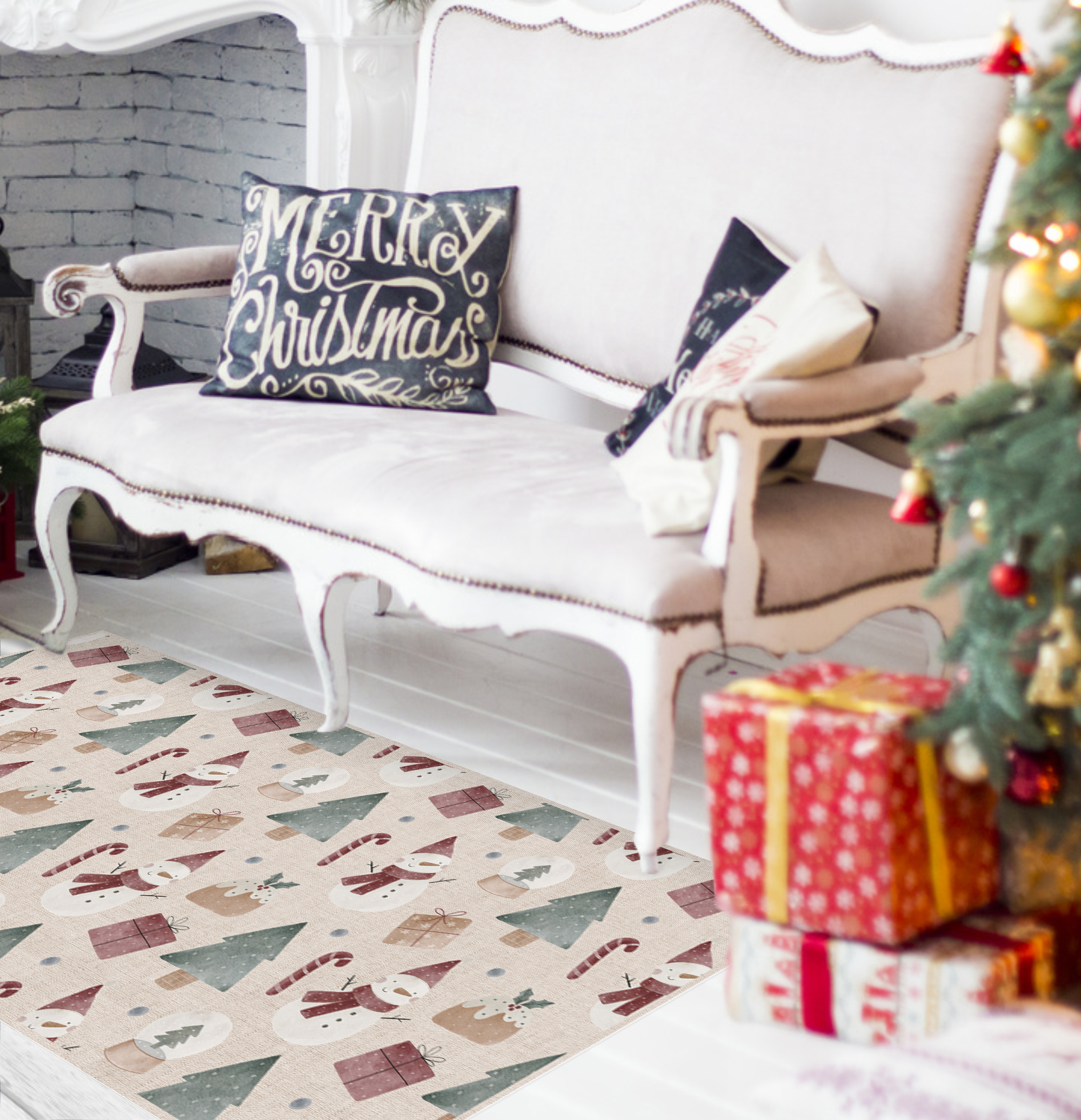 Alfombra de vinilo muñecos de nieve tela 65x100 cm - pvc antideslizante, impermeable, lavable, ignífuga, estilo navidad