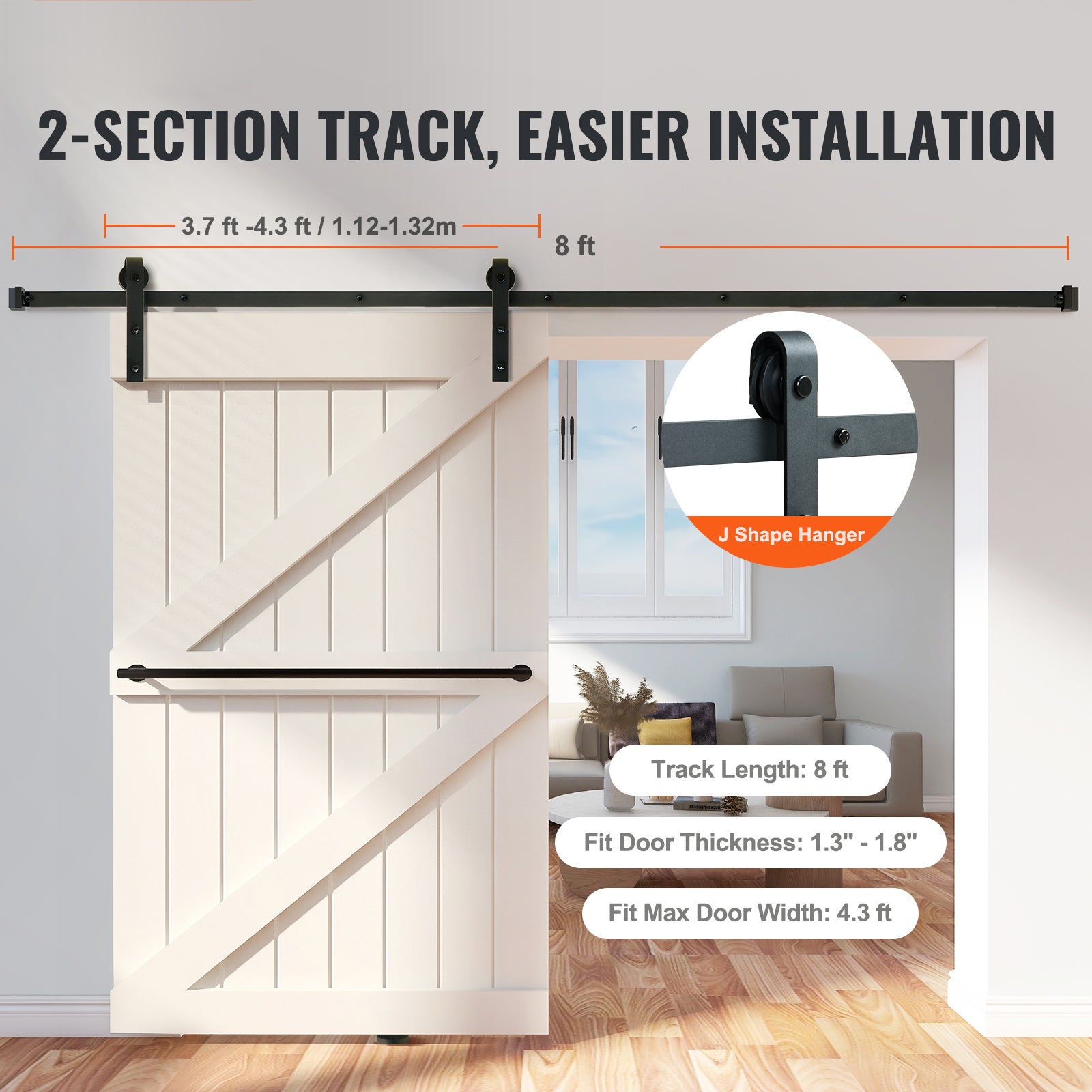 Kit Herramientas Puerta Corrediza SucceBuy 8 Pies,Riel Robusto 330 lb para Puerta Simple,Compatible con Paneles 3,7-4,3 Pies,Polea en J Silenciosa - 4