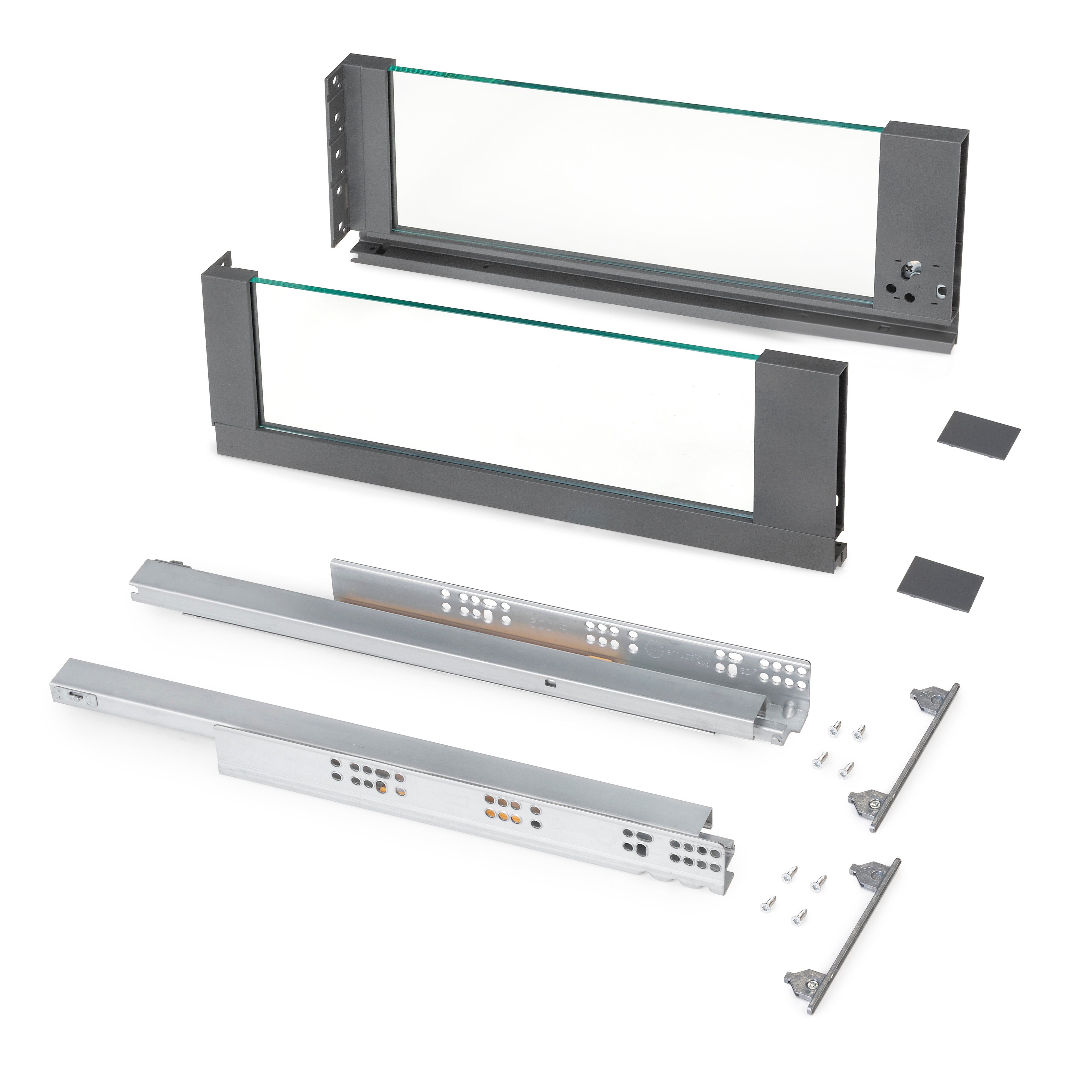 Emuca Szuflada zewnętrzna Vertex 40 kg, szklane boki, wysokość 178 mm, głębokość 500 mm, Stal, Aluminium i Szkło, Szary antracytowy