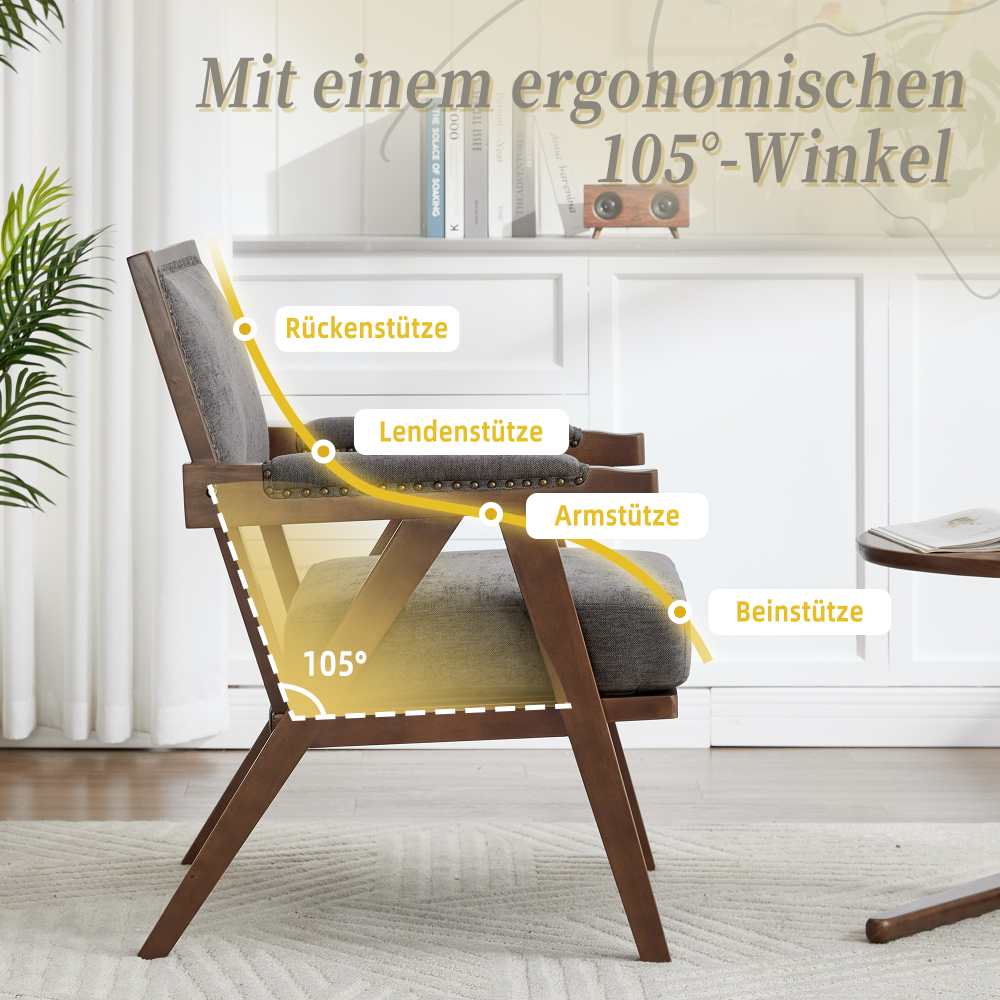 Fauteuil Lounge Tissu Moderne Mid-Century avec Accoudoirs et Cadre Bois pour Salon, Chambre, Bureau - 5
