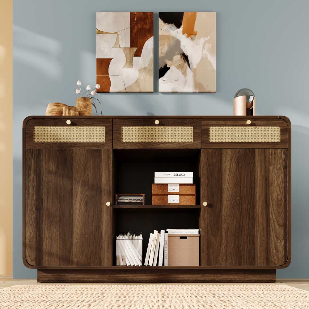 HYUB Credenza 120 x 40 x 80 cm, con 6 cassetti, telaio in legno massiccio, stile retrò, armadietto multiuso, per corridoio, trucco, noce con bianco