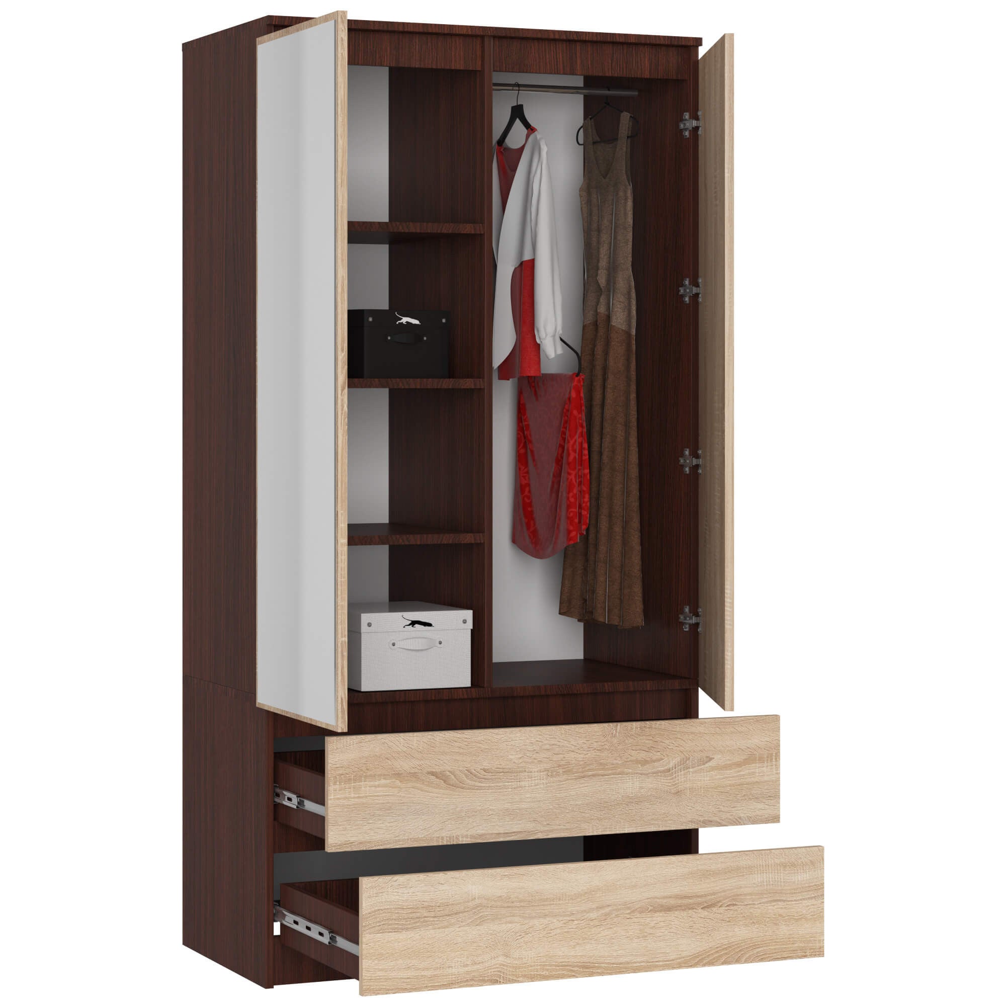 Armoire AKORD S90 avec miroir Wengé 90 cm 2 portes 2 tiroirs façade Chêne Sonoma 4 étagères 90x51x180 cm - 2