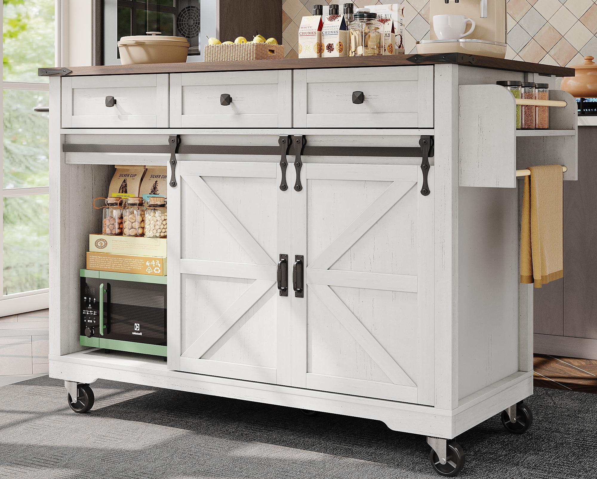 Mobilna wyspa kuchenna na kółkach - z wysuwanym blatem - 2 drzwi przesuwnych z półkami i 3 szufladami - beżowa