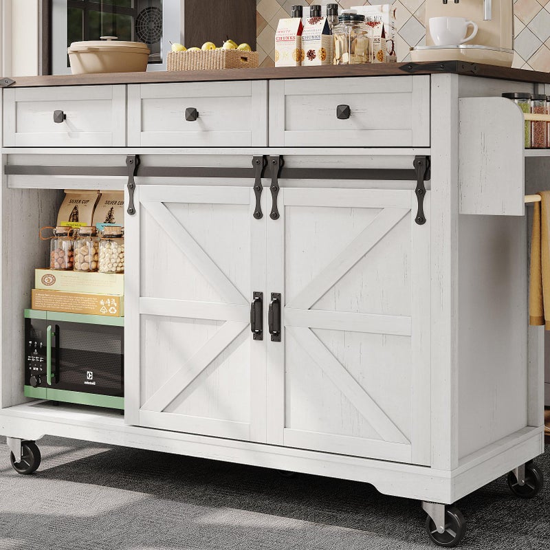 Mobilna wyspa kuchenna na kółkach - z wysuwanym blatem - 2 drzwi przesuwnych z półkami i 3 szufladami - beżowa