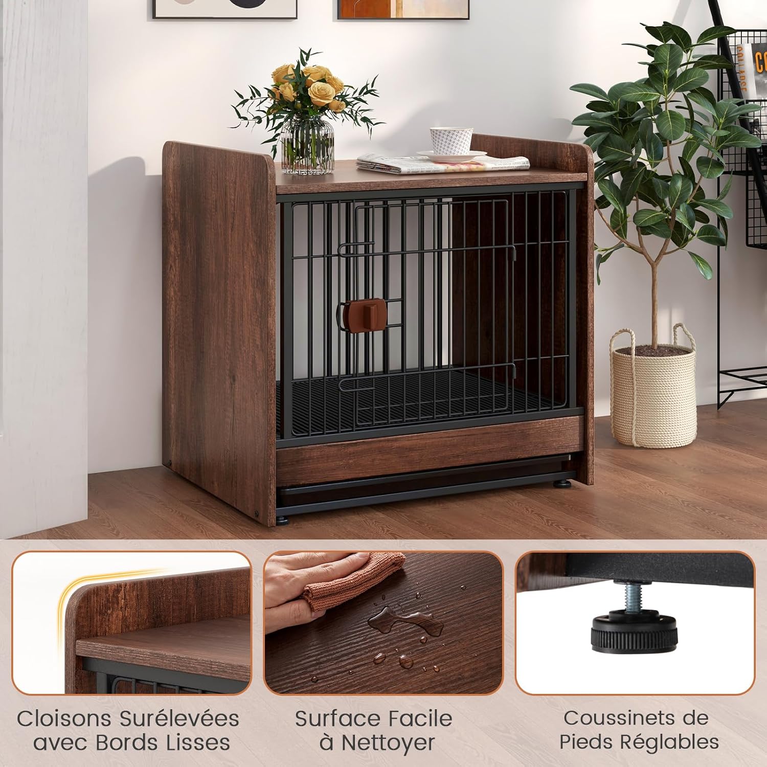Jaulas para Perros, Casa para Perros Diseño 2 en 1 con Bandeja Extraíble, Puerta Bloqueable, Jaula Interior para Perros con Mesa Lateral para - 7