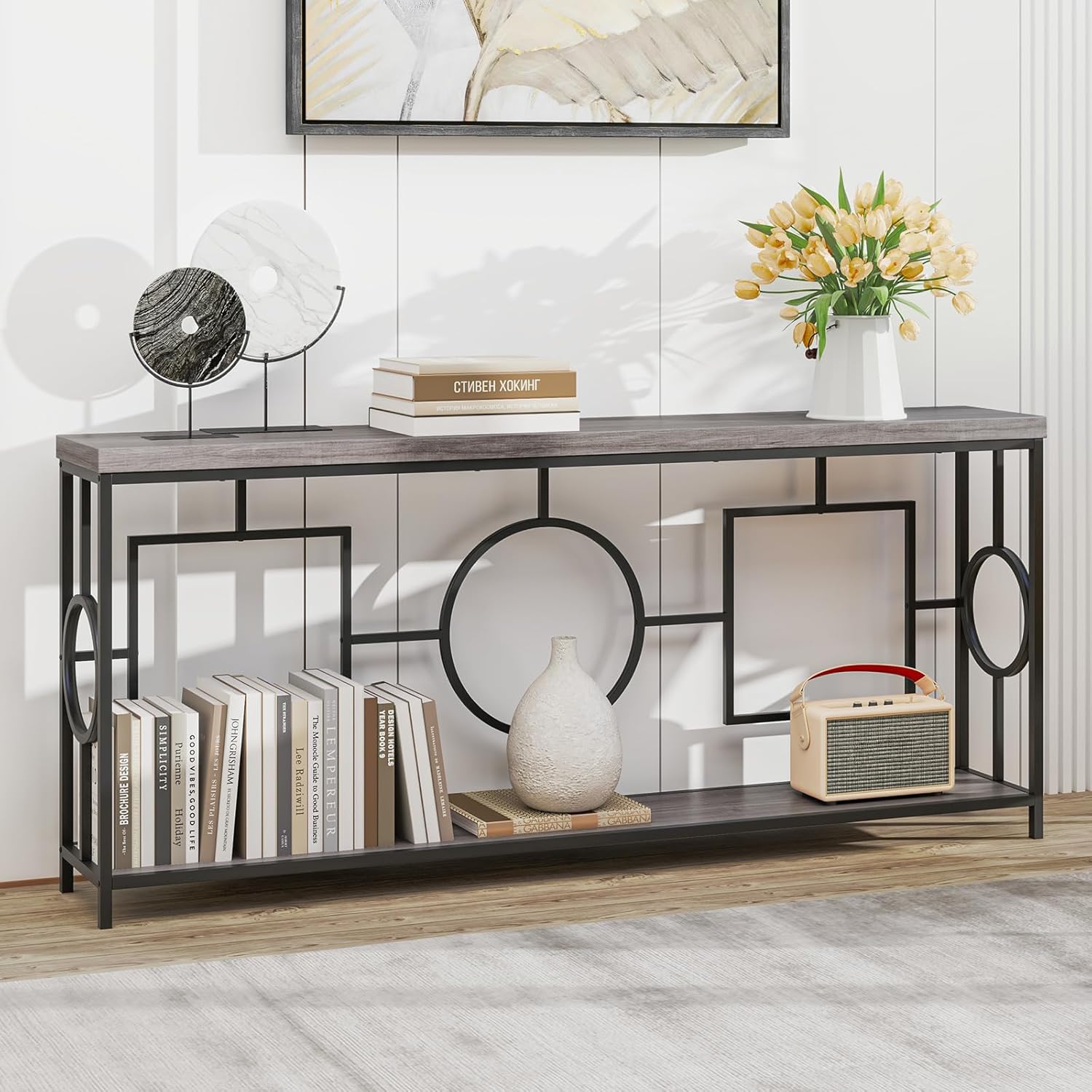 Table Console Industriel 180 cm, Console Meuble 2 Étagères, Cadre ...