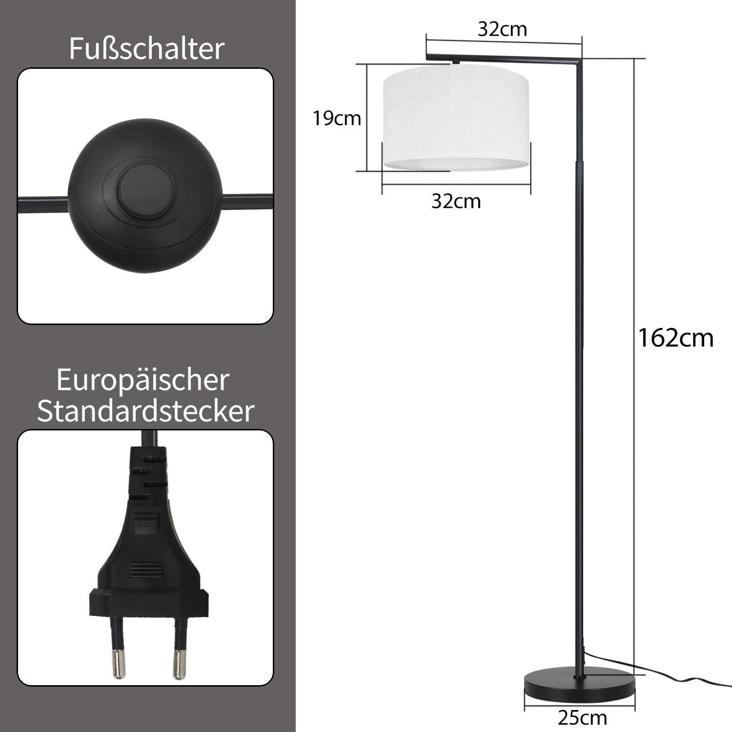 Candeeiro de pé NETTLIFE E27 Interruptor de pé para candeeiro de pé Abajur de tecido de design de 166 cm máx. 40W - sem lâmpada - 5