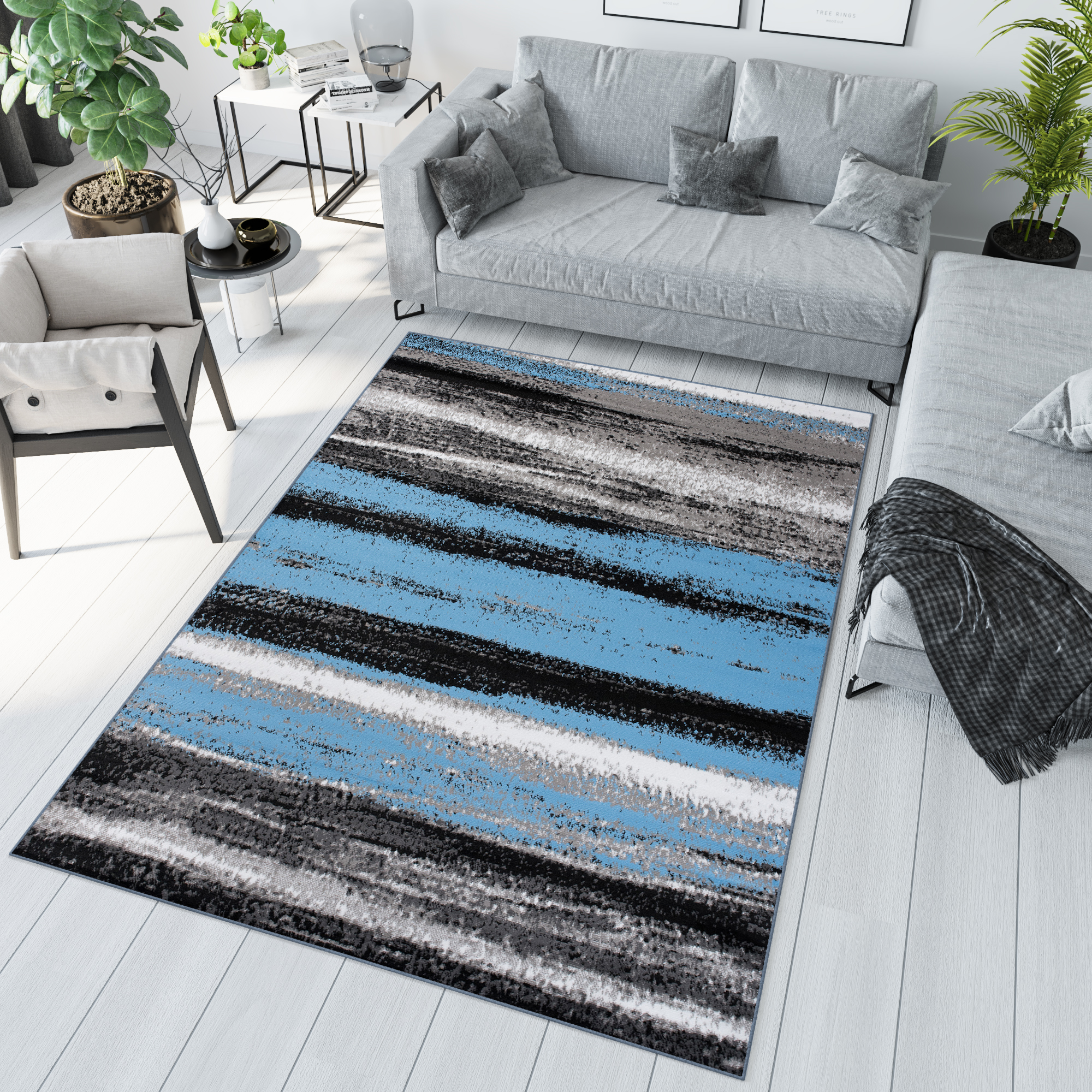 Tapiso maya alfombra de salón comedor juvenil diseño moderno negro azul gris moteado rayas delgada 220 x 300 cm