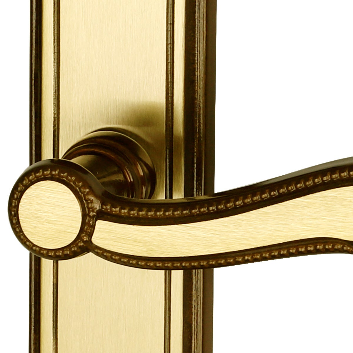 2 poignées de porte LOUIS XV trou de Cylindre, Zamak doré patiné entraxe 195 mm, entrée bureau garage - 4