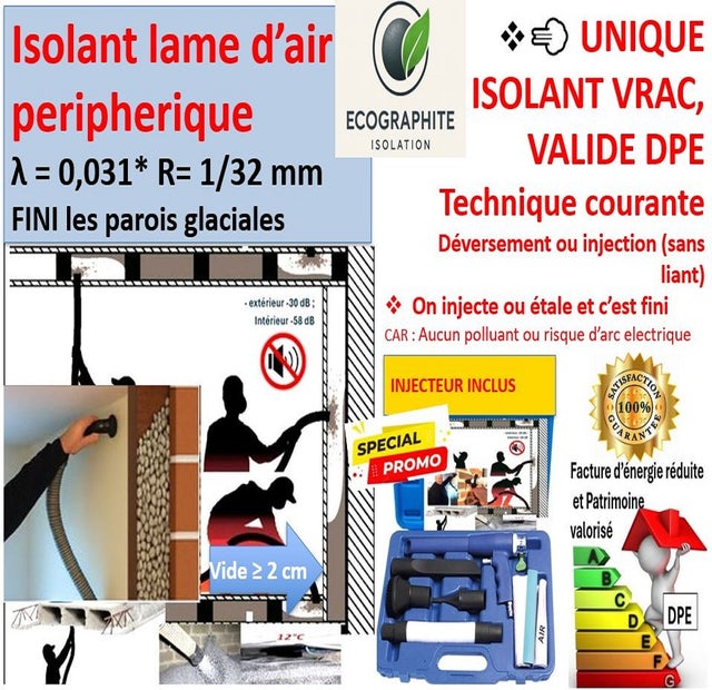 Isolant mur interieur λ 0.031 par labo COFRAC valide DPE et CEE (2 m3 soit 50 m2 en 4 cm) -Écographite INJECTEUR INCLUS