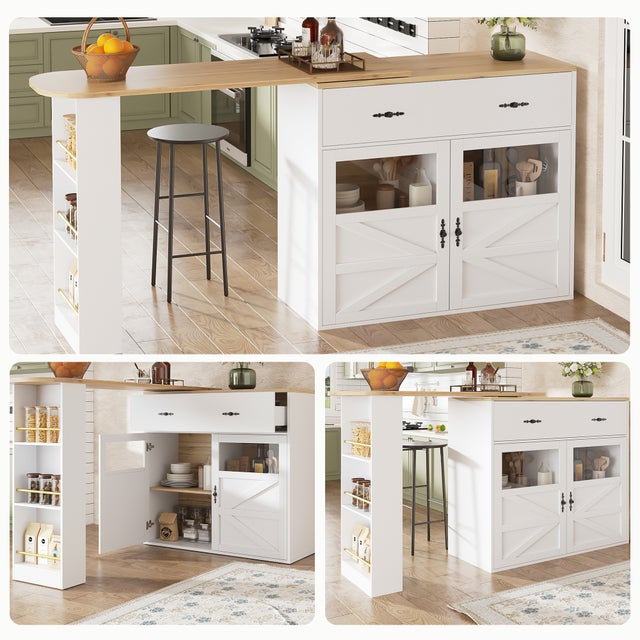 Meuble de bar extensible avec 2 portes, 2 tiroirs et 3 étagères - 138-204 x 39 x 104 cm - MDF - Blanc