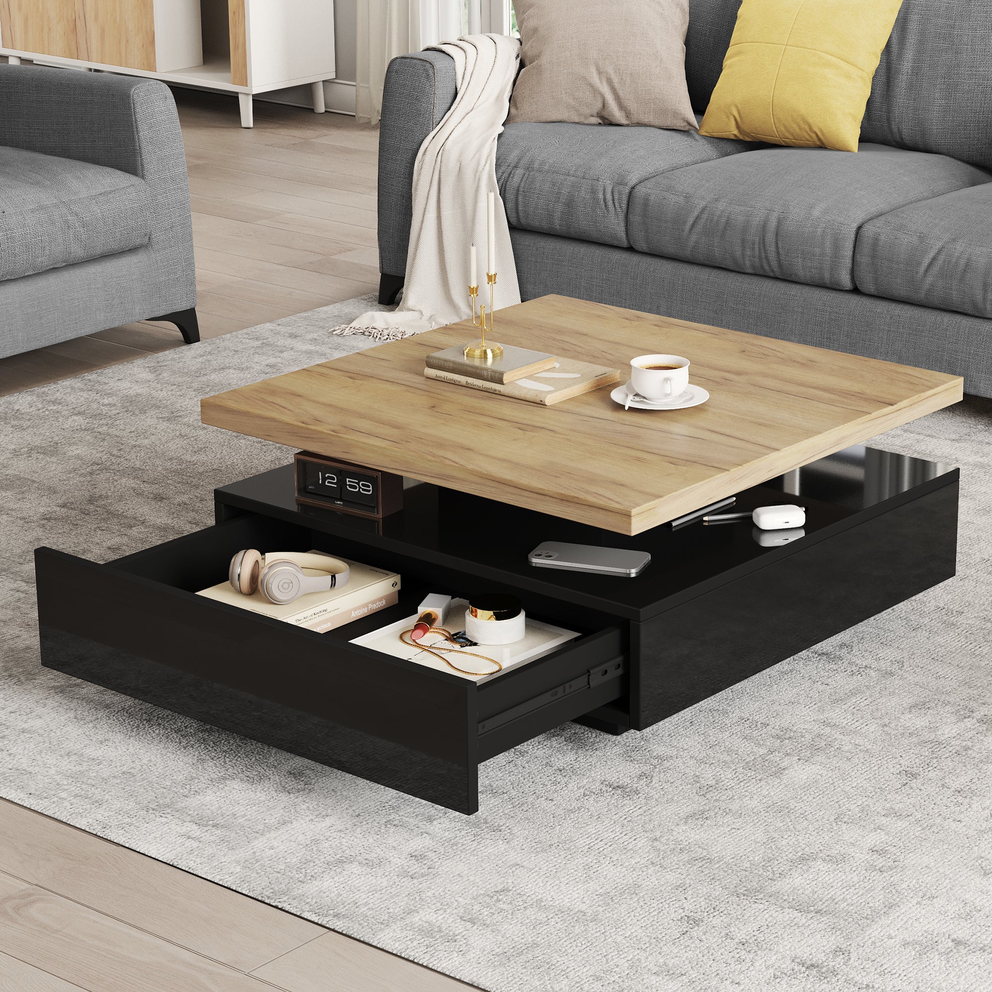 Stolik kawowy kwadratowy z obrotowym blatem i 1 szufladą - 70 x 70 x 36 cm - Płyta wiórowa - Drewno naturalne i czerń - 3