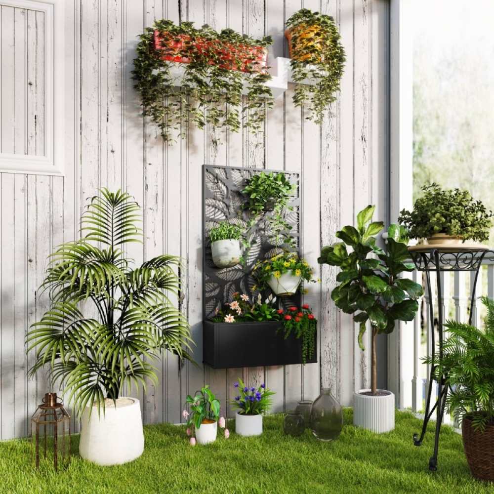 Bac potager surélevé avec treillis et panneau d’intimité, métal noir, jardinière de balcon, support plantes grimpantes, extérieur robuste - 2