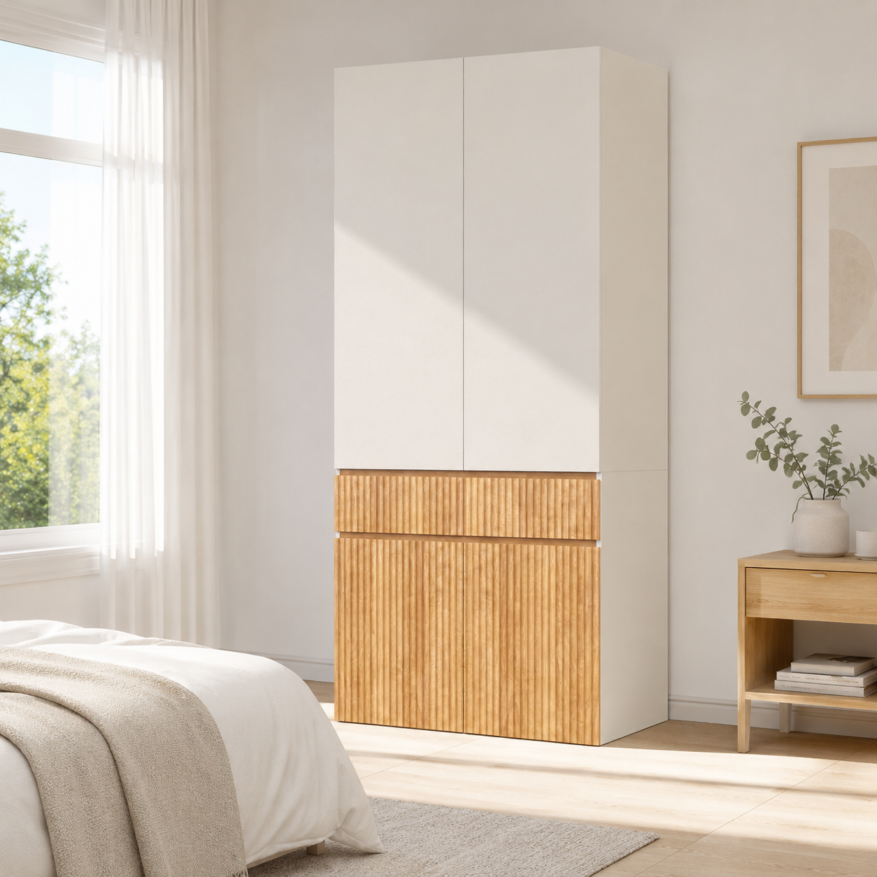 Dulap 90x200cm - Unitate de depozitare modernă cu 4 uși, 1 șină de agățat și 1 sertar - Natural