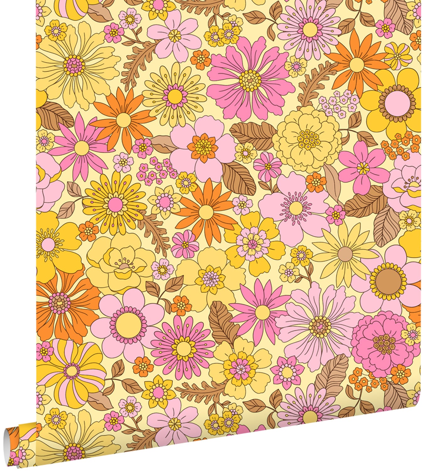 Tapeta retro kwiaty żółtym,różowymIpomarańczowym - 50 x 900 cm - ESTAHOME