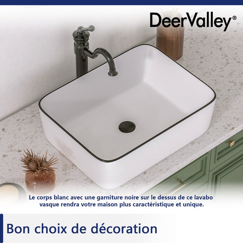 Vasque à poser céramique blanche avec bordure noire, 47,5 x 37,5 x 13 cm, design moderne, parfaite pour salle de bain,DeerValley - 3