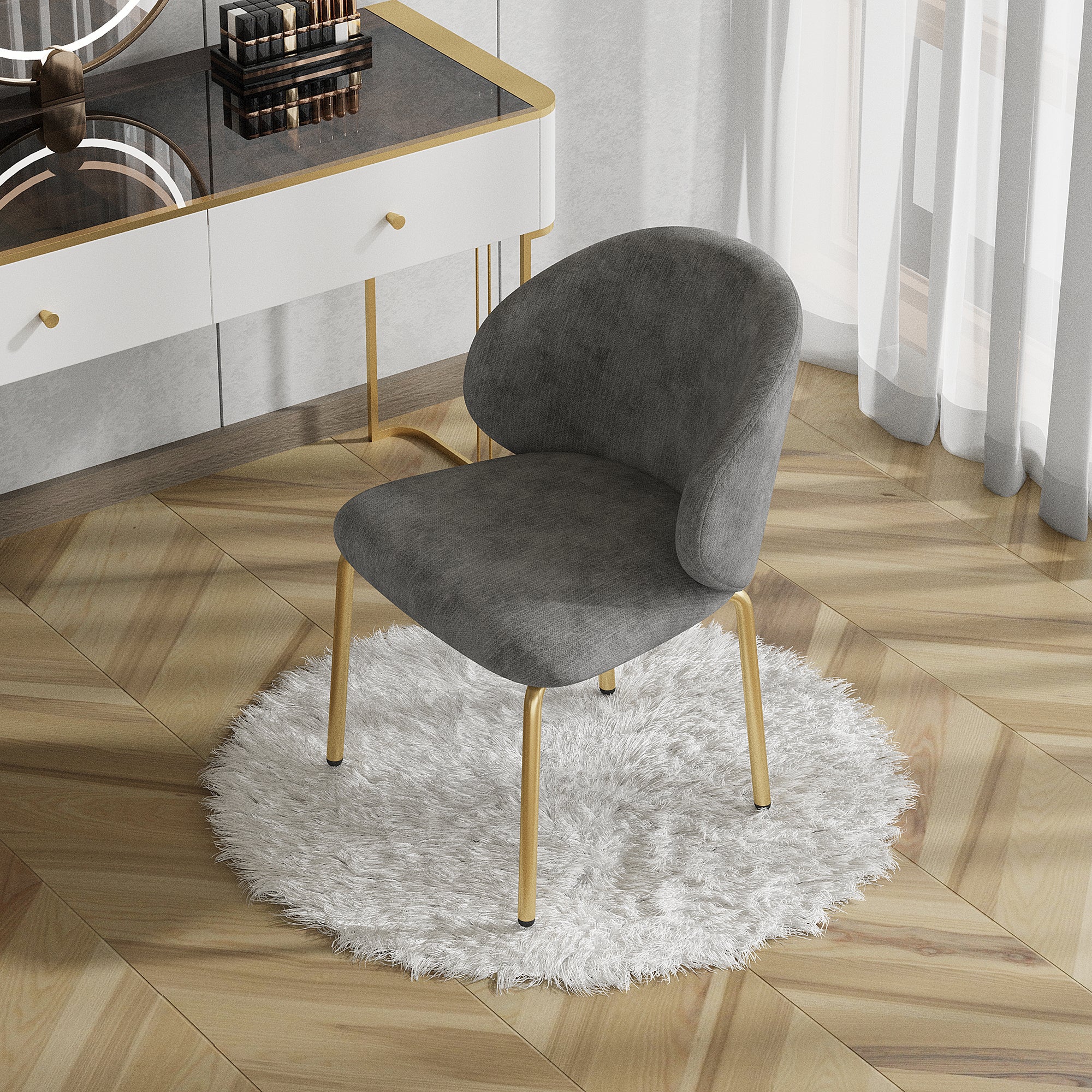 Krzesło do jadalni z podłokietnikami - 47,5 x 56 x 74 cm - tkanina szenilowa i złote metalowe nogi - szare