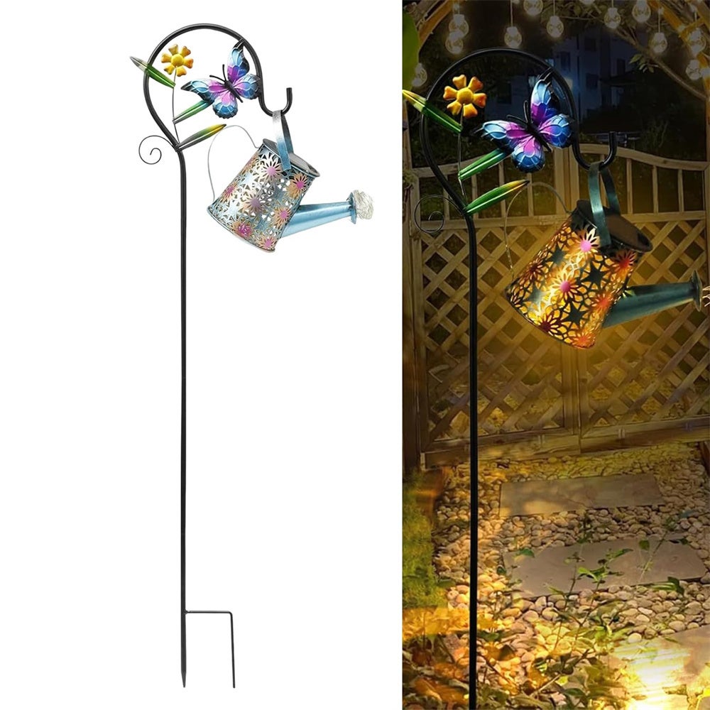 Solarna konewka ze światłami, wodoodporny solarny lampion z haczykiem, motyl, lampy ogrodowe wiszące na werandę, dekoracja zewnętrzna
