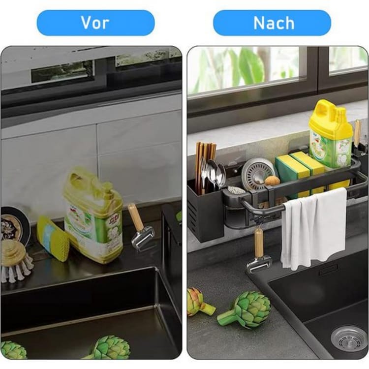 Estante para fregadero de acero inoxidable sin taladrar para cocina, con toallero y portacubiertos, 30 x 13,5 x 6 cm, capacidad de carga de 20 kg - 5