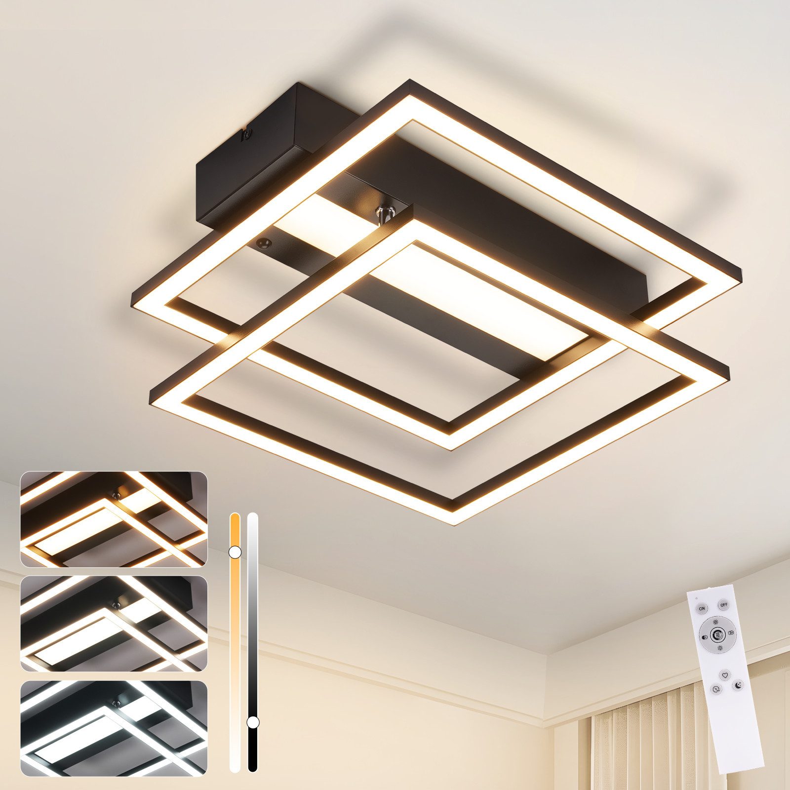 NETTLIFE Lampa sufitowa LED do salonu, 2 ramki, czarna, nowoczesna, kwadratowa, ściemnialna, idealna do przedpokoju