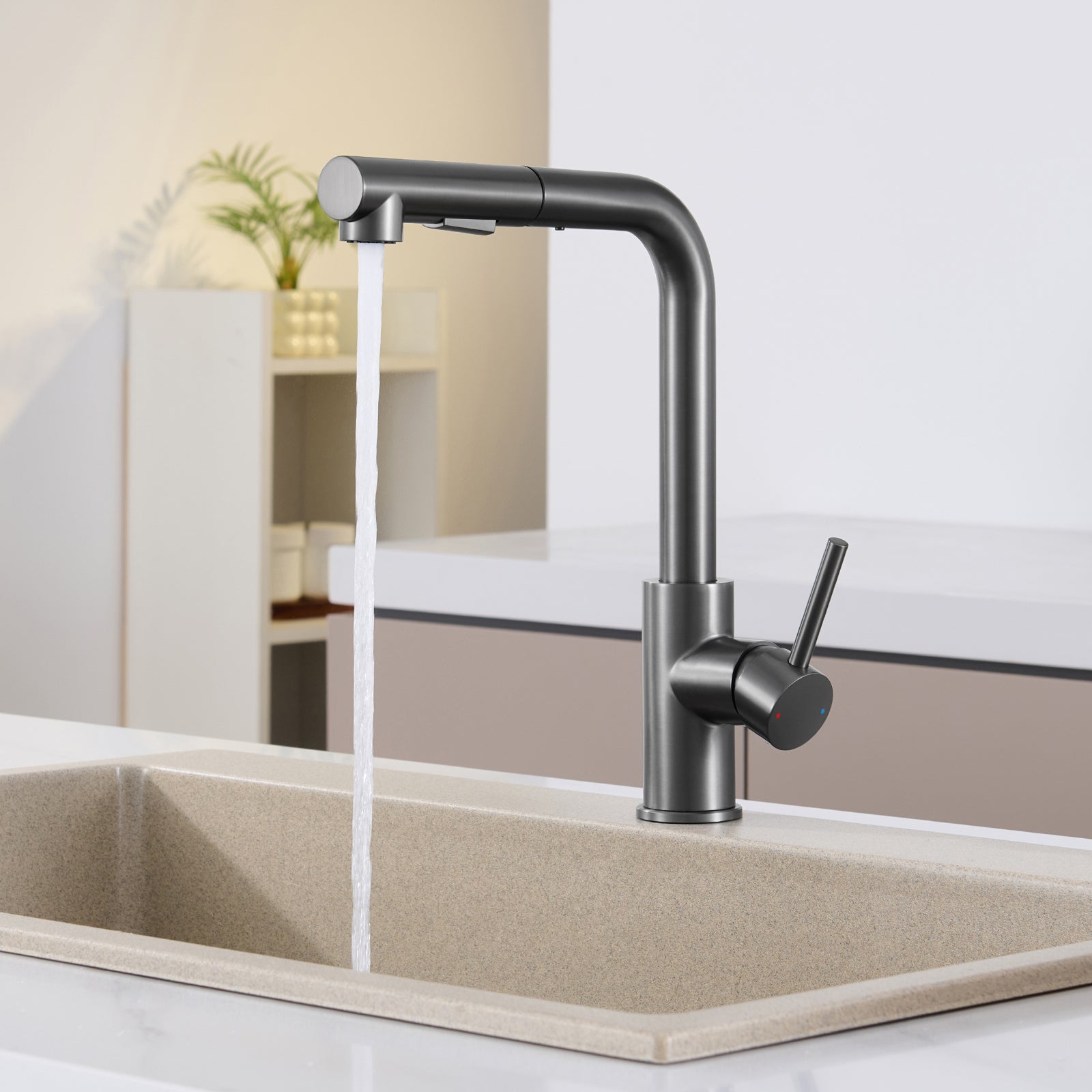 Robinet Cuisine avec Douchette Brossé gris anthracite, Mitigeur de Cuisine avec 2 Modes de Pulvérisation, Robinet d'évier Eau Froide/Chaude - 6