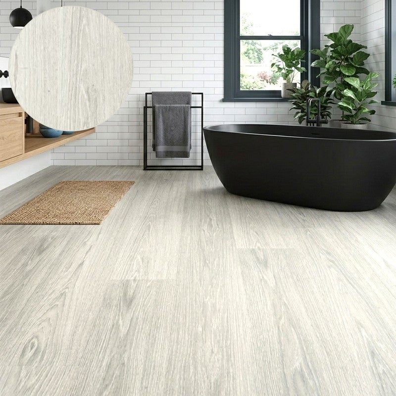 Abaco| tarima laminada de baño, 8mm / suelo laminado con bisel, instalacion en clic impermeable. roble blanco