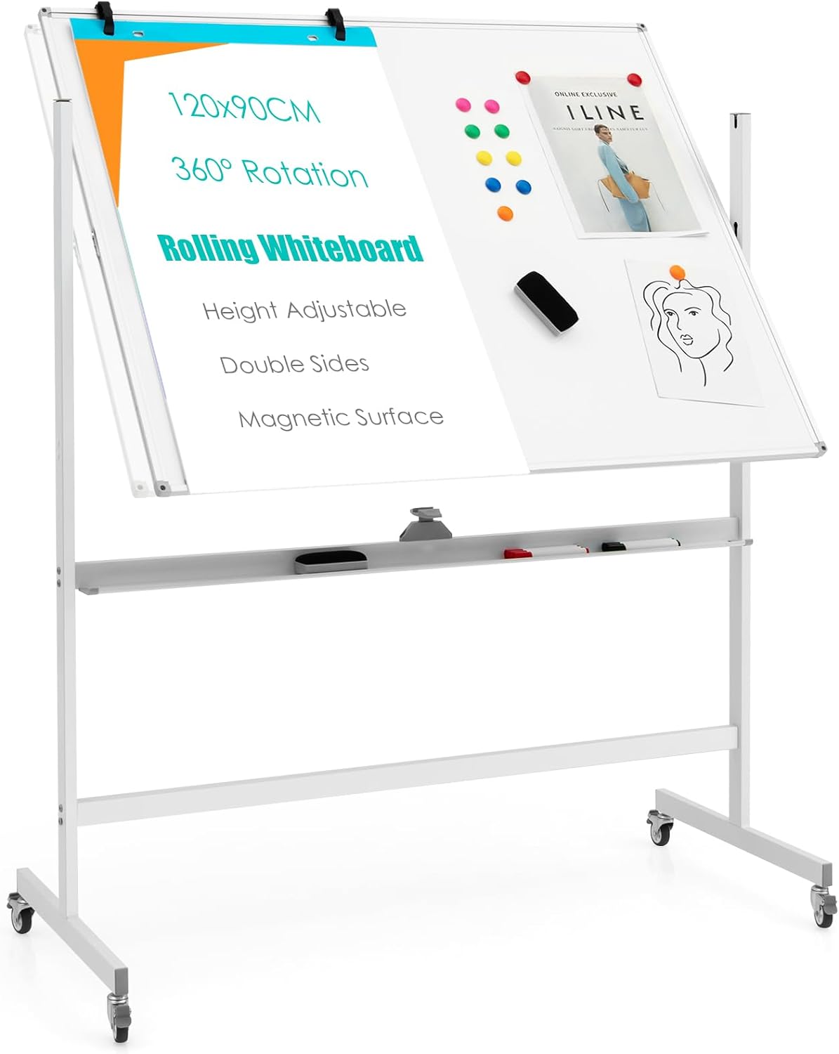 Dwustronna Tablica Suchościeralna o Regulowanej Wysokości, Obrotowa o 360° Tablica Magnetyczna z 4 Kółkami Uniwersalnymi, Wymiarach 120 x 90 cm