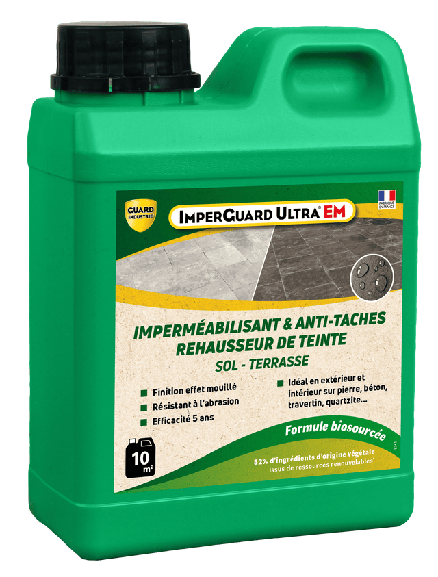 ImperGuard Ultra EM Effet Mouillé - Imperméabilisant AntiTache Sans Solvant-Ravive Couleur - Pierre Poreuse, Béton - 1L - 10m2 - Efficace 5 ans