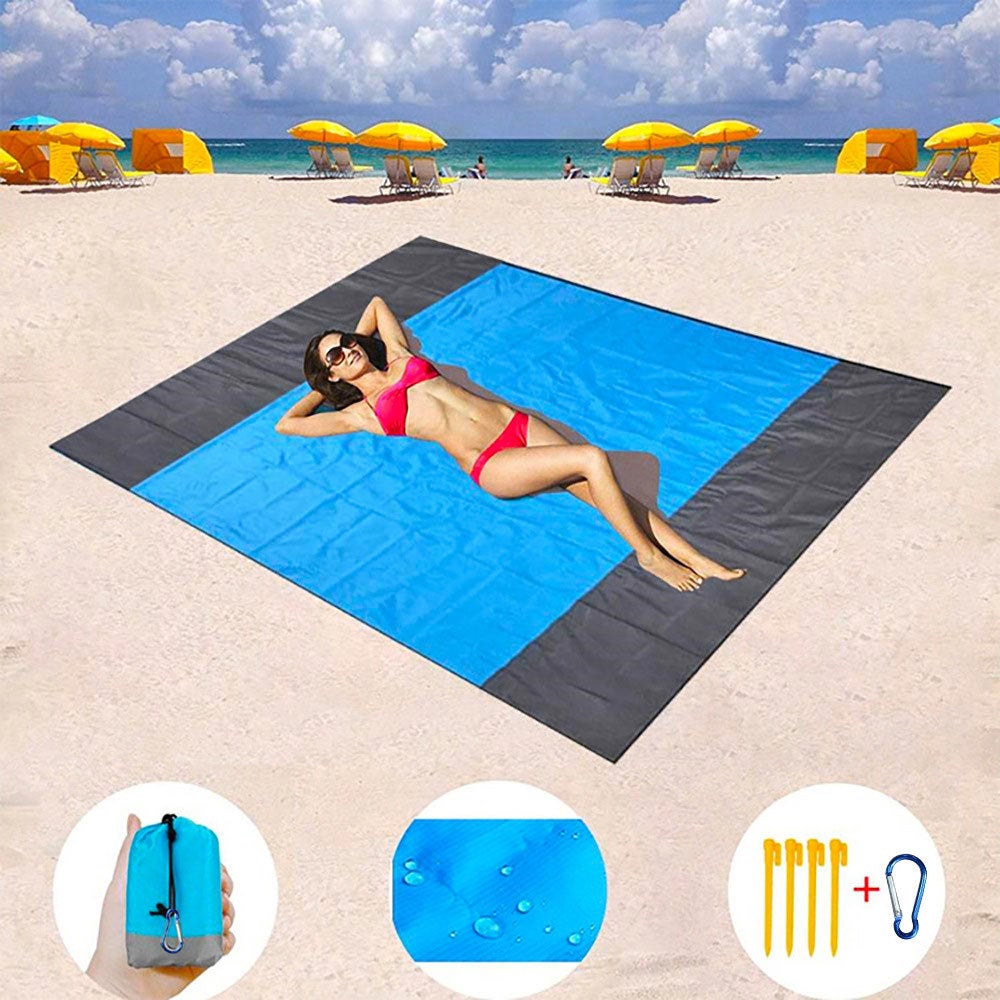 Z 4 haczykami (niebieski, 200 cm x 210 cm) Koc plażowy w kratę, bardzo duży, wodoodporny i odporny na piasek, nylon, który można prać w pralce.