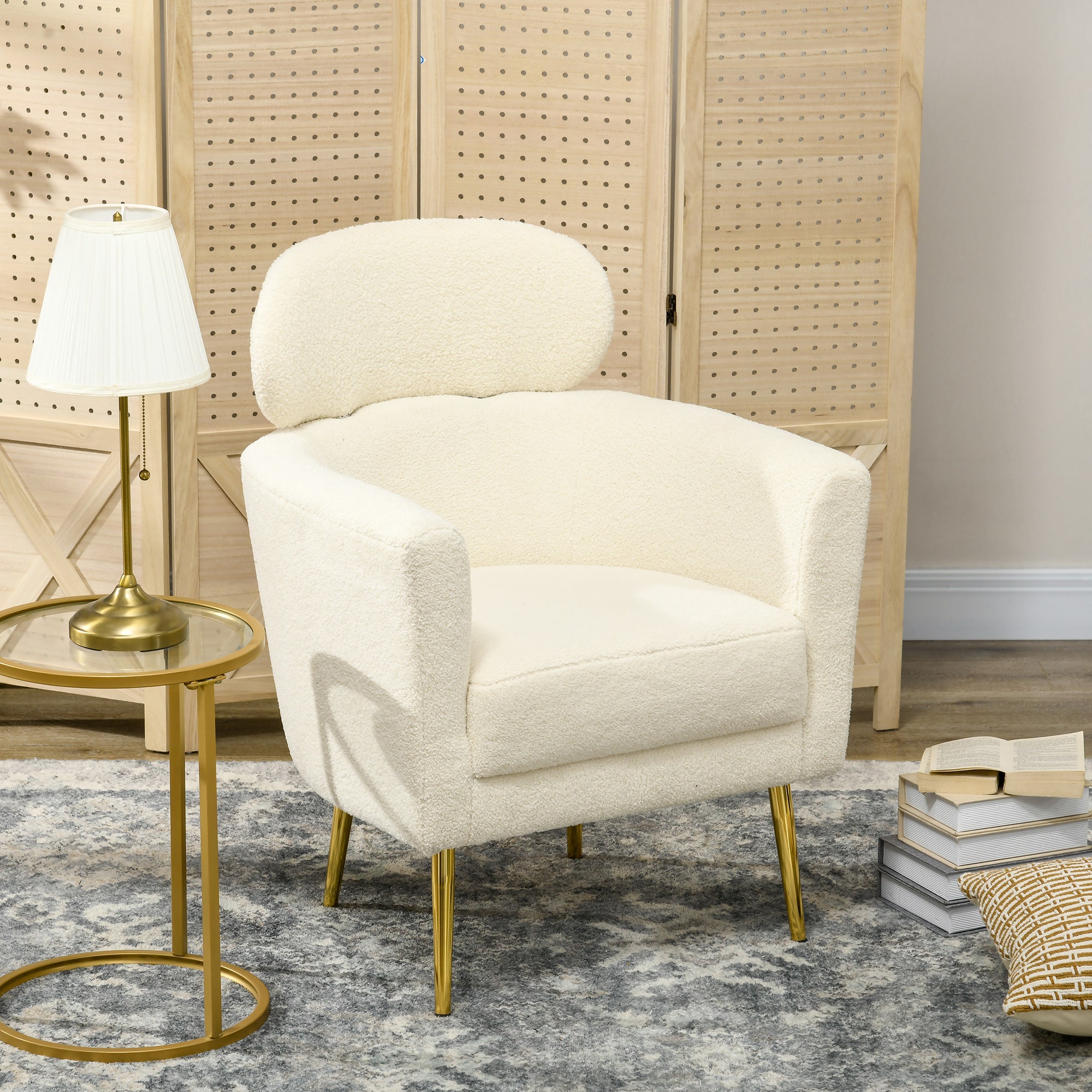 Fauteuil lounge appui-tête amovible peluche pieds métal 71 x 65 x 90 cm crème fauteuil intérieur confortable salon chambre design moderne et doux - 3