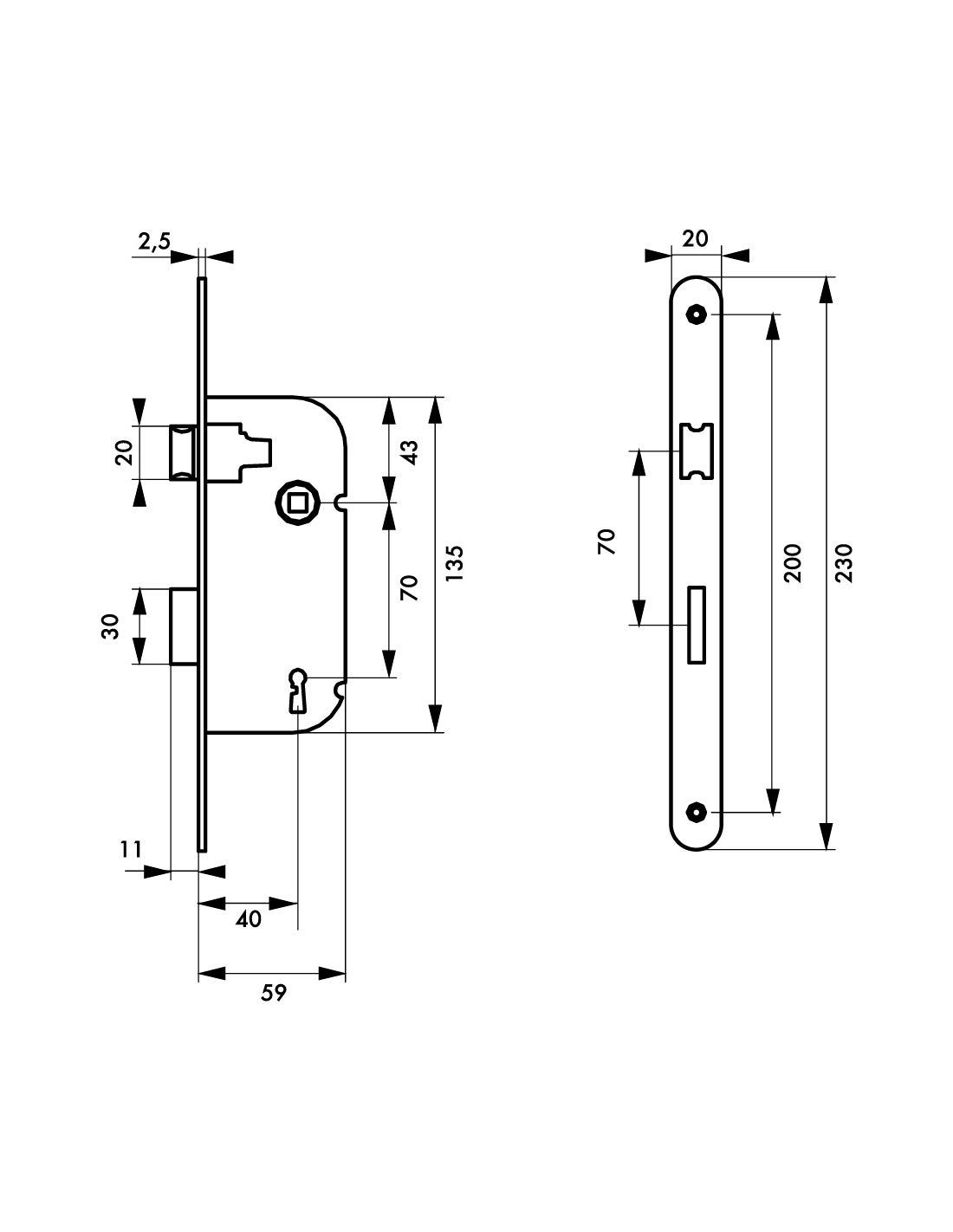 THIRARD - Serrure encastrable à clé pour porte de chambre, axe 40mm, bouts ronds, 1 tour, noir, 2 clés - THIRARD - 2