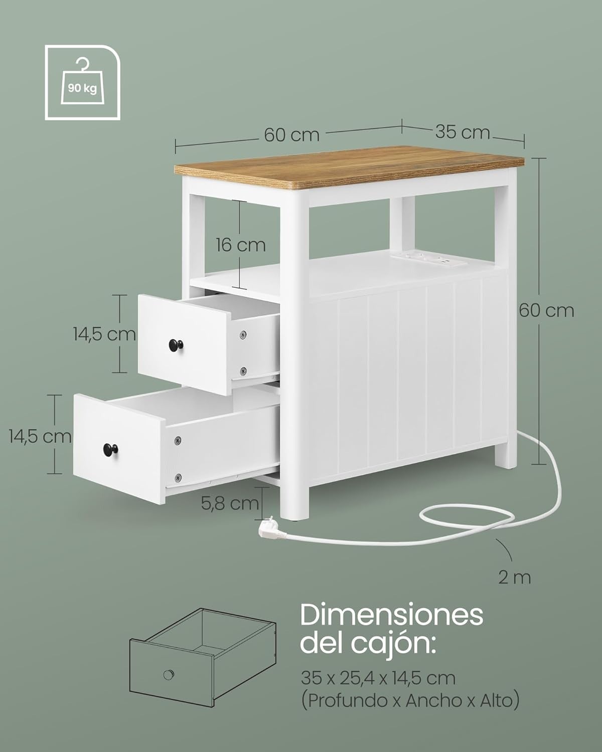 Table d’Appoint avec Multiprise, Petite Table Basse avec Étagère de Rangement, Marron Chêne et Blanc - 9