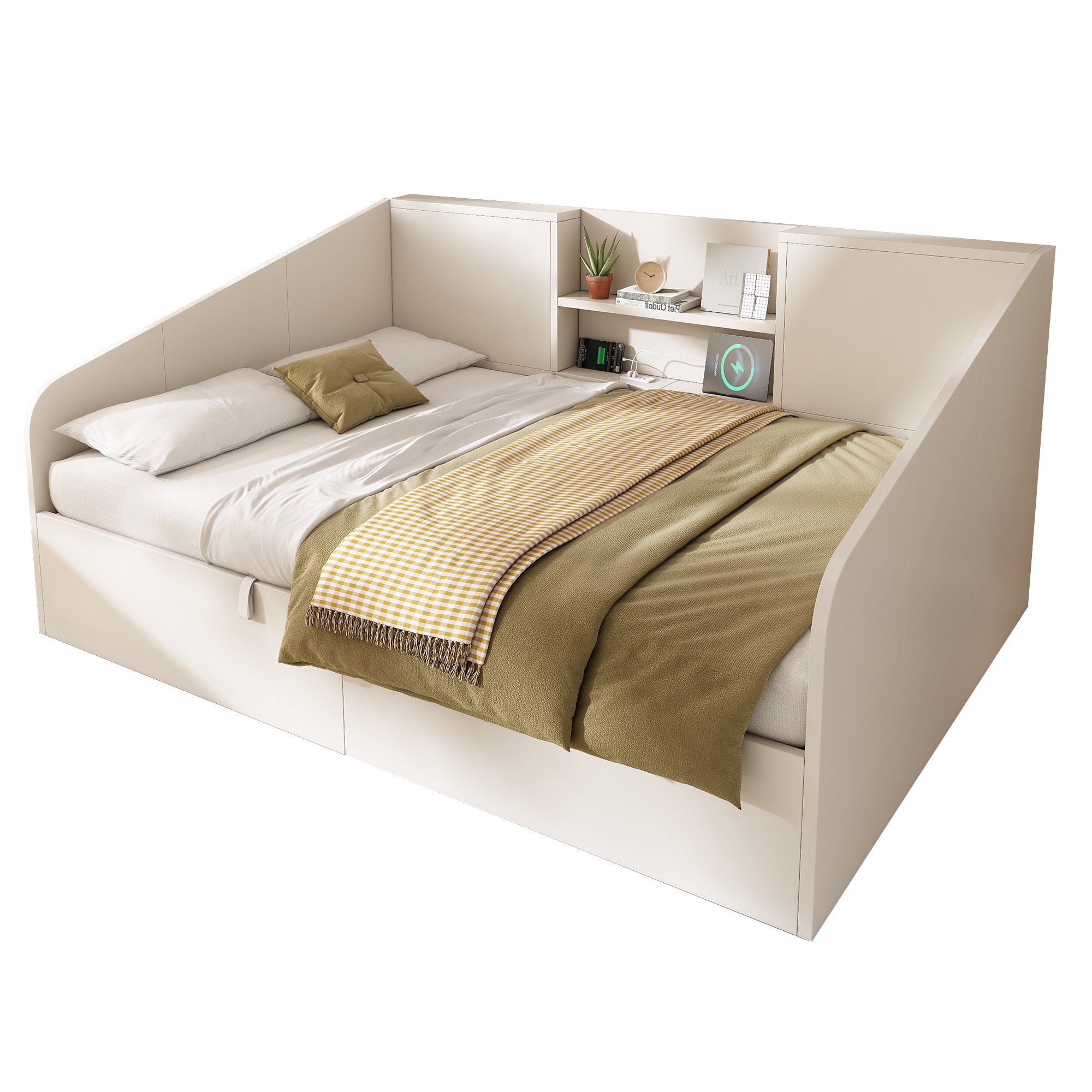 Łóżko z pojemnikiem 140 x 190 cm i 2 półkami – sosna + płyta wiórowa – porty ładowania USB/typu C – białe (materac nie jest dołączony) - 6